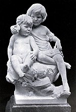 Black and white photograph of Edith Maryon's sculpture Evelyn and Gloria, children of Sir Rennell and Lady Rodd
