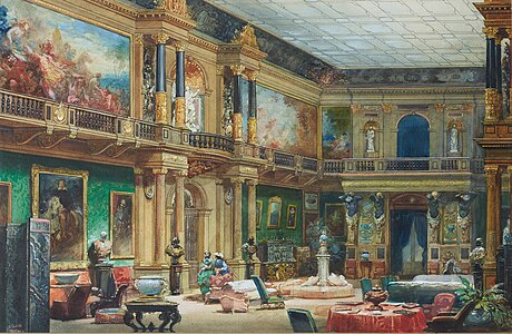 Watercolour painting of The Great Hall at the Château de Ferrières, estate of James Mayer de Rothschild