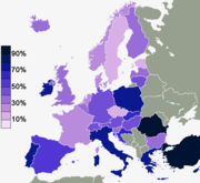 Belief "there is a God" per country based on Eurobarometer 2010 survey