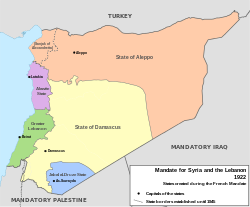 The sanjak of Alexandretta / Hatay State (peach, top left) within the Mandate of Syria.