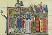 Medieval miniature showing the attack on a city, with a crowned figure on a tower in the centre