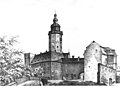 Lithographie C.W. Woerishoffer "Das alte Schloß in Hanau während des Abbruchs".Stadtschloss Hanau während des Abbruchs 1829.