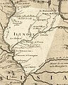 Tamarois et Caouquias on a French map of Illinois in 1718, south of the confluence of the Illinois and Mississippi rivers (approximate modern state area highlighted) from Carte de la Louisiane et du Cours du Mississipi by Guillaume de L'Isle