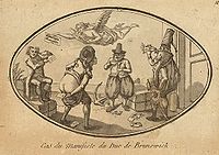 A 1792 French Revolutionary caricature, depicting the French population using the Monarchist Brunswick Manifesto as toilet paper.