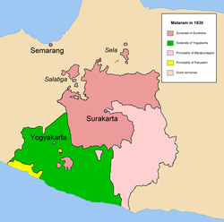 Location of Pakualaman (yellow) within the Yogyakarta Sultanate (green).