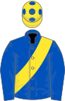 Royal Blue, yellow sash, spots on sleeves, quartered cap