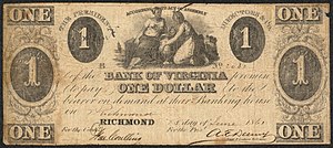 1861 Bank of Virginia 1 dollar banknote; Images include four profiles of classical figures; a sailing vessel, a mill, and two women with an urn.; Inscription: "ACCORDING TO ACT OF ASSEMBLY THE PRESIDENT, DIRECTORS & CO. of the BANK OF VIRGINIA promise to pay ONE DOLLAR to the bearer on demand at their Banking house in ___ , __day of__".
