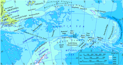 Map of Scotia Sea. Toponyms: Undersea relief, maritime, nearby lands, countries and cities. Isobath interval: 2000 m
