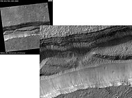 Sirenum Fossae Layers, as seen by HiRISE. Scale bar is 500 meters long.