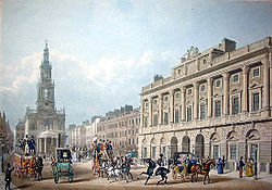 The Strand façade of Chambers' Somerset House and the church of St Mary-le-Strand, shown in a view of 1836