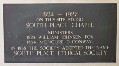 Commemorative plaque describing the South Place Chapel.