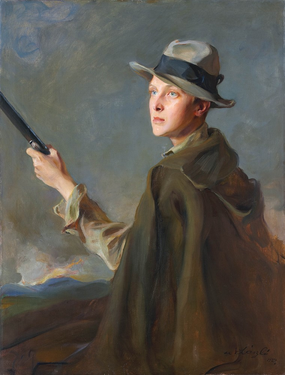 Portrait of Alfonso, portrayed in hunting outfit, holding a side-by-side "Sarasqueta" gun, by Philip de László, 1927.