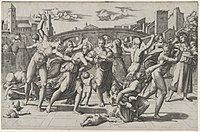 The Massacre of the Innocents, engraving by Marcantonio Raimondi from a design by Raphael.[d] First state, "without fir tree"