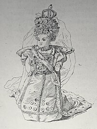 Zeichnung einer Puppe, die Zarin Alexandra Fjodorowna darstellt und anlässlich des Besuchs von Zar Nikolaus II. und der Zarin in Frankreich 1896 gefertigt wurde.