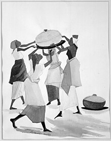 Black and white drawing of women of African-American descent holding a large pot together above their heads