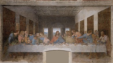 Rectangular fresco, in very damaged condition, of the Last Supper. The scene shows a table across a room which has three windows at the rear. At the centre, Jesus sits, stretching out his hands, the left palm up and the right down. Around the table, are the disciples, twelve men of different ages. They are all reacting in surprise or dismay at what Jesus has just said. The different emotional reactions and gestures are portrayed with great naturalism.