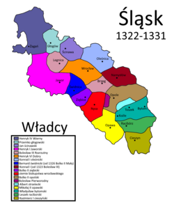 Silesia in the years 1322–1331, Duchy of Münsterberg (Ziębice) under its first ruler, Bolko II of Ziębice, marked in purple