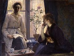Contre-jour (or Le Thé de Cinq Heures), Louise Breslau, 1883. Museum of Fine Arts, Bern. The painting shows the artist at tea time with her companion Madeleine Zillhardt.