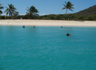 A photo taken of people snorkeling in Culebrita