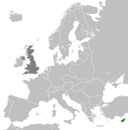 Cyprus in the 1930s, with Cyprus in dark green and the United Kingdom in dark grey