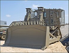 An armoured IDF Caterpillar D9 bulldozer, nicknamed "דובי" ('Teddy bear') in Israel. Its armour allows it to work under heavy fire.