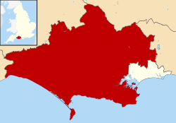 The Dorset unitary authority area within the eponymous ceremonial county. To the east is the Bournemouth, Christchurch and Poole unitary authority area.