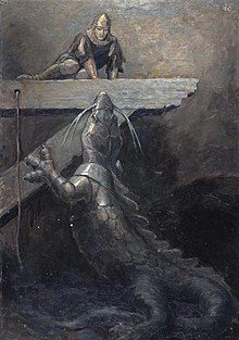 Oil painting of an English WikiDragon rearing up to reach a WikiKnight on a ledge
