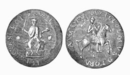 Seal of William II. The front (left) shows the seated King, crowned and holding aa sceptre and orb. The other side (right) shows a rider on a horse.