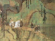 Two groups of figures meet on a mountain path.