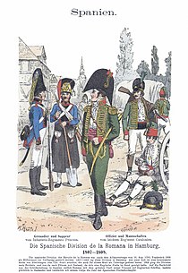 Colored print shows men in early 19th century military uniforms. The grenadier and sapper at the left belonging to the Princesa Line Infantry wear blue coats with fur hats. The officer and enlisted man at the right from the Catalonia Light Infantry wear green hussar-style jackets.