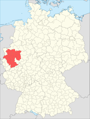 Lage der Metropolregion Rhein-Ruhr (rot) in Nordrhein-Westfalen und in Deutschland
