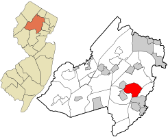 Location of Hanover Township in Morris County highlighted in red (right). Inset map: Location of Morris County in New Jersey highlighted in orange (left).