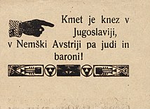 Jugoslawisches Propagandaplakat: „In Jugoslawien hat der Bauer das Sagen, in Deutschösterreich haben es die Juden und die Barone!“