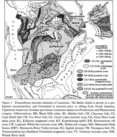 This is a North American map showing Archean provinces and Proterozoic and Phanerozoic orogenies.