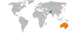 Map indicating locations of Pakistan and Australia