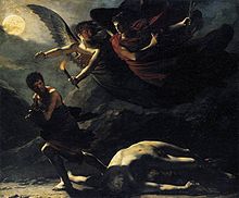 darkly shaded painting of two winged angels chasing man who runs away from a fallen, naked body