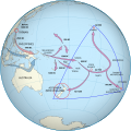 One set of arrows point from Taiwan to Melanesia to Fiji/Samoa and then to the Marquesas Islands. The population then spread, some going south to New Zealand and others going north to Hawai'i. A second set start in southern Asia and end in Melanesia. (from History of New Zealand)