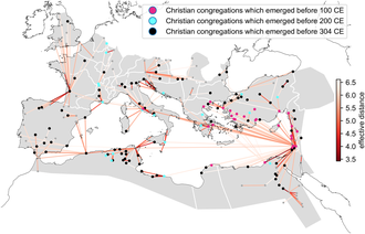 this is a map showing the actual process of the growth of Christian congregations by century with lines showing which regional centers (called hubs) developed what other congregations