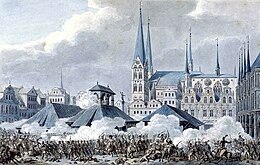 Print of the Battle of Lübeck, showing the fighting in the Market square with St. Mary's Church in the background