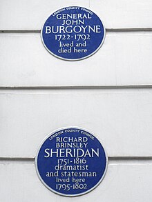 Sheridan and Burgoyne blue plaques at no. 10