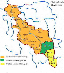 Silesia 1172-77: Duchy of Racibórz (Mieszko Tanglefoot) in yellow, Duchy of Opole (Jarosław) in green