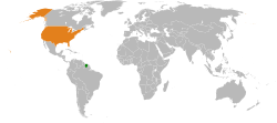 Map indicating locations of Suriname and USA