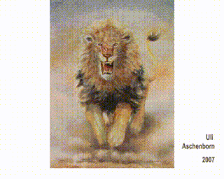 Video f: Attacking Lion, by passing this chameleon-painting its colour changes as shown, 2007, 100 x 80 cm