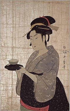 Utamaro applied kirazuri on the background of this picture of a tea house waitress