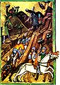 The Battle of Posada (November 9-12, 1330) in Chronicon Pictum. The Basarab I of Wallachia's army ambushed Charles Robert of Anjou, king of Hungary and his 30,000-strong invading army. The Vlach (Romanian) warriors rolled down rocks over the cliff edges in a place where the Hungarian mounted knights could not escape from them nor climb the heights to dislodge the attackers.