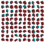 One hundred computer-designed blueprints for a walking organism composed of passive (cyan) and contractile (red) voxels.