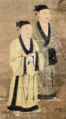 Scholars wearing zhiduo-robes and rujin (儒巾) headscarf. Various kinds of headscarves became fashionable among the commoners and the educated gentry.