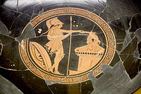 Ancient Greek kylix showing a hoplite offering a sacrifice before an altar, around 480 BC. Ancient Agora Museum of Athens in the Stoa of Attalus