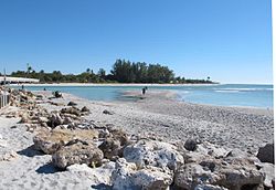 A 2014 view looking across to the northern tip of Sanibel from the Captiva side of Blind Pass. The bridge connecting the two islands is visible on the extreme left.