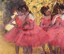 Dancers in pink, between scenes. Edgar Degas